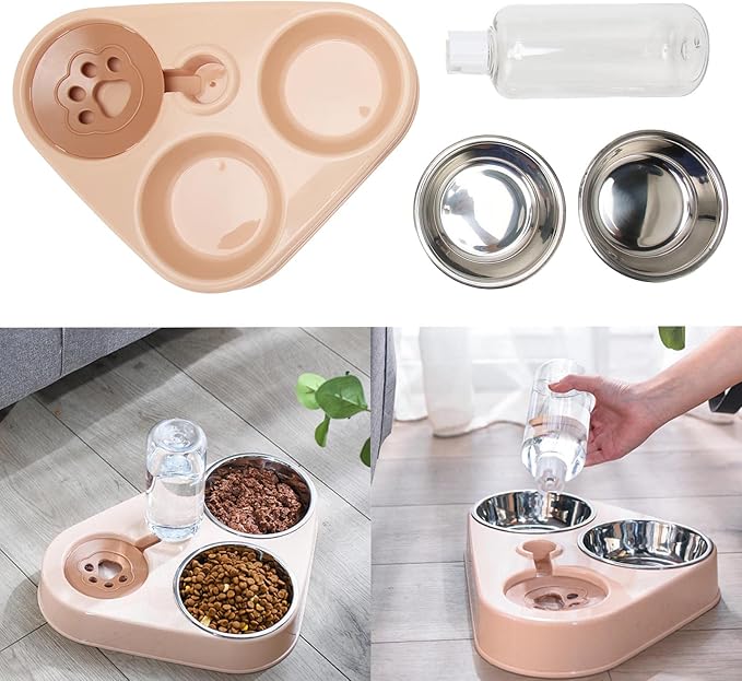 Triple Cat Bowl, Pet Water and Food Bowl Set, Prevent Spill Automatic Water Dispenser Bottle, Detachable Stainless Steel Pet Feeder for Cat, Dog, Puppy, Rabbit, Bunny