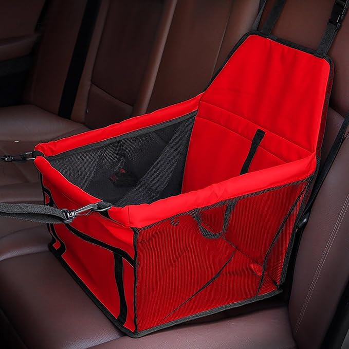 Pet Car Booster Seat for Small to Medium Pets with Reinforced Safety Structure Easy Install Travel Carrier Breathable Waterproof Pad Shortened Leash Belt Loops Secure Comfortable Vehicle (Red)