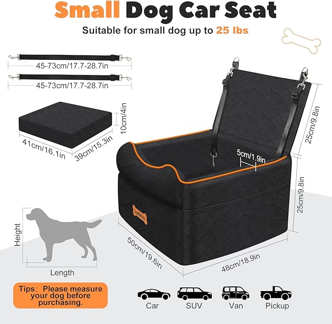 Small Dog Car Seat, Waterproof Dog Booster Seat with Thick Cushion & Safety Leash, Removable Car Back Seat Bed for 1 Small Dogs Under 25lbs, Pet Car Seat for Travel, Black