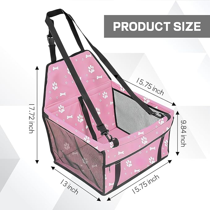 Wuyaoyao Pet Car Seat, Waterproof Breathable Oxford Cat Dog Car Booster Seat for Small Pets, Foldable Portable Vehicle Puppy Travel Basket with Seatbelt & Support Rod, for Pet Up to 22 lbs (Pink)