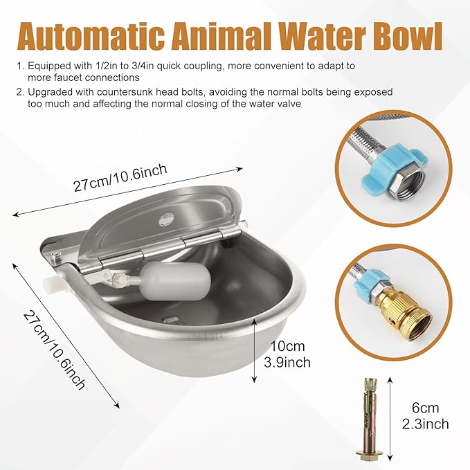 Automatic Water Dispenser for Dogs, Automatic Dog Water Bowl with Float Valve, 304 Stainless Steel Auto Fill Dog Water Bowl Outdoor Dispenser for Livestock, Chicken, Cow, Horse