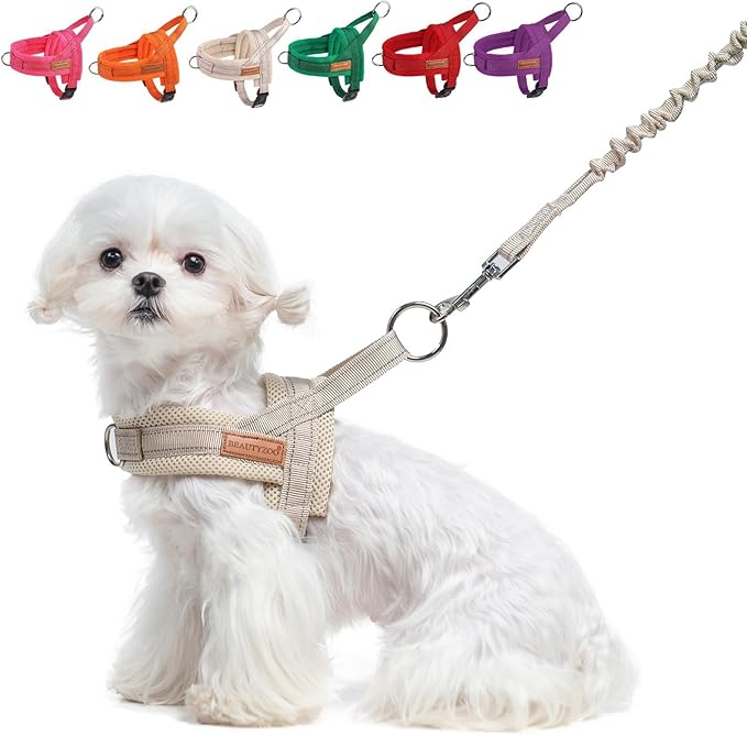 BEAUTYZOO Dog Harness No Pull, Quick Fit Dog Harness and Leash Set, Escape Proof Vest Harness with Soft Handle, Reflective Breathable Mesh Padding Harness for Medium Size Dog Training Walking, Beige M