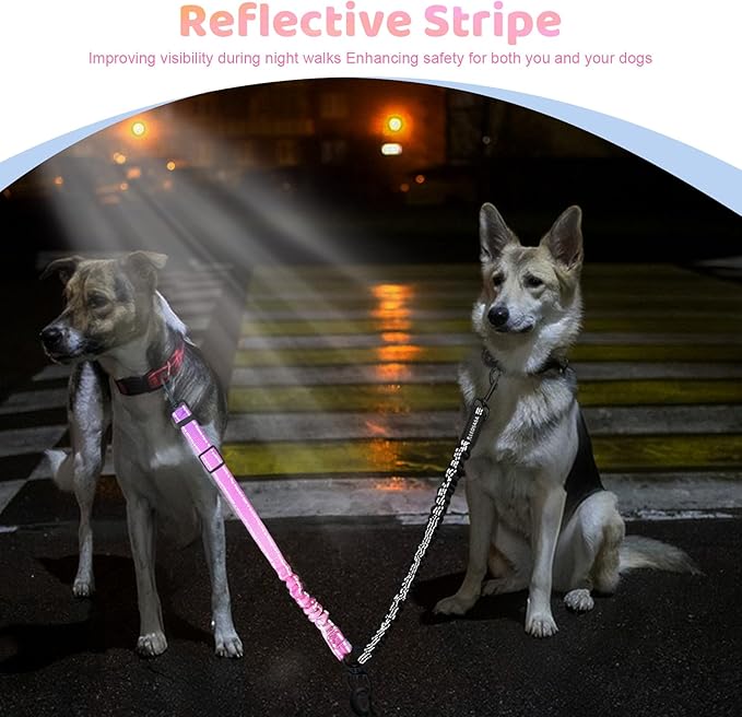 Double Dog Leash for Two Dogs - Gradient Color No Tangle Swivel Dog Coupler with Heavy Duty Clip, Size Adjustable Bungee Leash Attachment for Small, Medium, Large 2 Dogs, Style 4