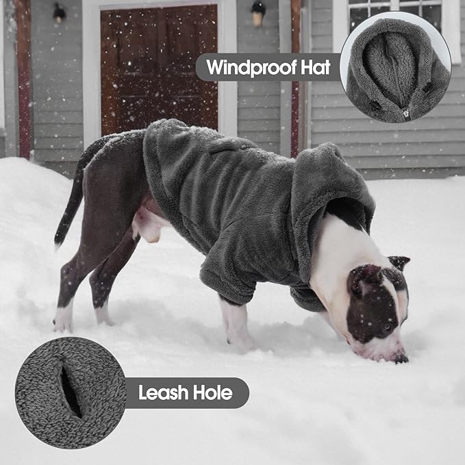 IDOMIK Fuzzy Dog Sweater with Adjustable Hood, Warm Fleece Dog Sweater Hoodie with Harness Hole & Pocket, Pullover Sweaters for Medium Dogs, Fuzzy Hooded Sweatshirt for Fall Winter Christmas,Grey,L