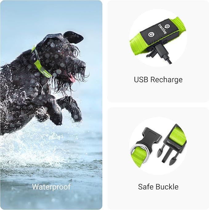 Tractive LED Light Up Dog Collar USB Rechargeable Waterproof (Green)