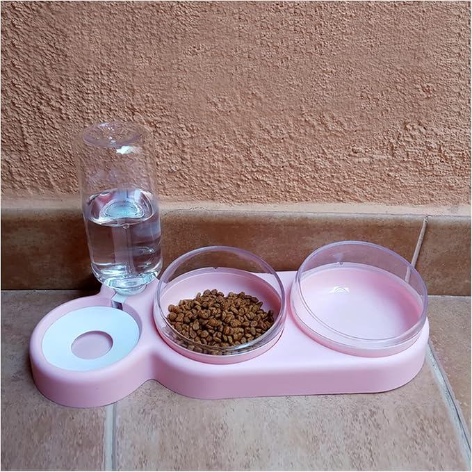 Pet cat Bowl Automatic Dog Food with Fountain Accessories Drinking Water Overhead(Pink)