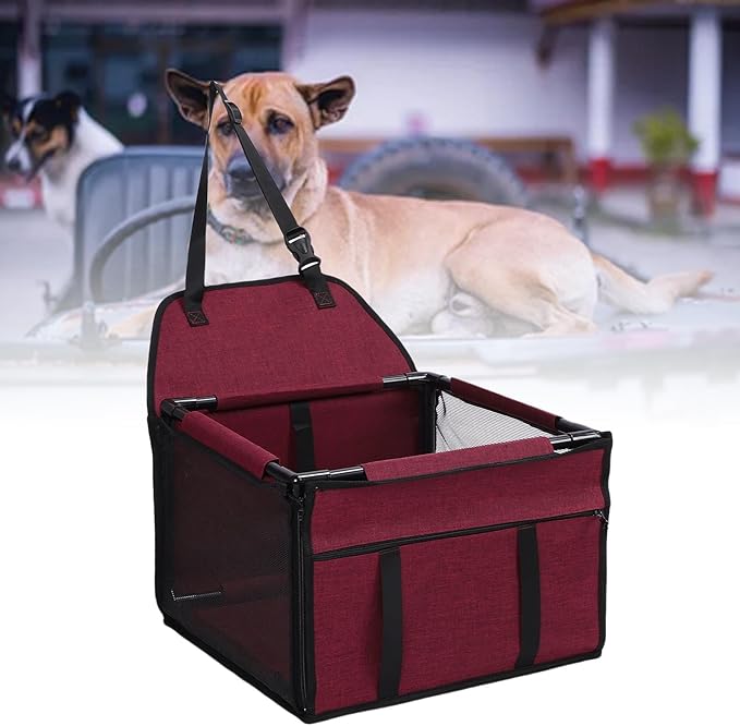 Dog Car Seat, Foldable Dog Car Booster Seat Collapsible Travel Bags with Safety Belt and and Mesh Window, Carrier for Small to Medium Pets Puppy, 39x39x27cm (Red)