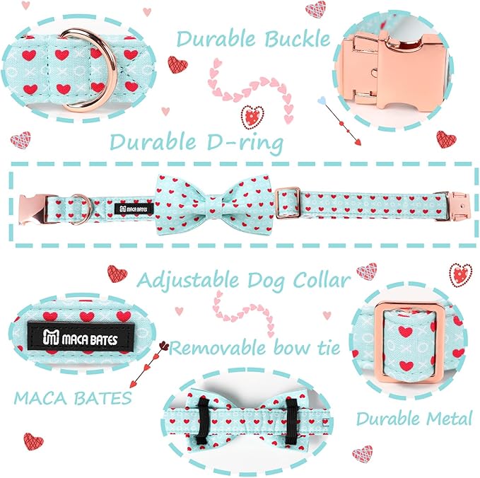 Maca Bates Valentine's Day Dog Collar with Fancy Bow for Extra Small Girl Boy Dogs,Blue Red Love Hearts Pattern,Adjustable Durable Soft Valentine Gift for Female Male Puppy