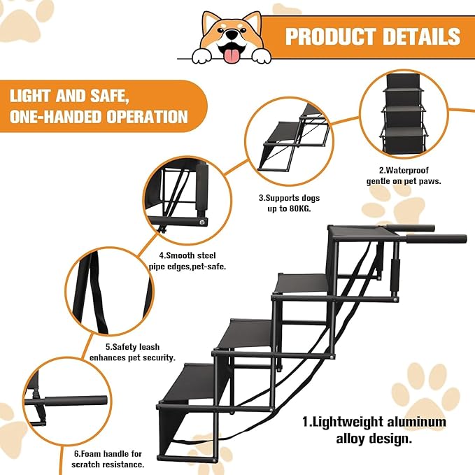 Dog Stairs for Large Dogs - Extra Wide Dog Steps for Car Big Size, SUV & Trucks - Glow in The Dark Marking - Foldable Dog ramp for Car - Non-Slip Surface - Dog ramps for Large Dogs - 4 Steps