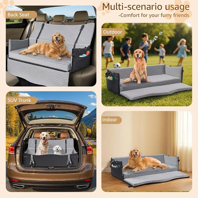 unipaws Dog Car Seat for Medium/Large Dogs up to 120lbs, Pet Booster Seat with 2 Safety Belts & Side Pockets, Easy Front/Side Entry, Detachable, Washable Pet Car Bed for Backseat (Black/Grey)