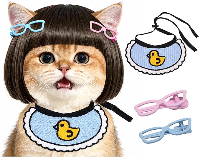 Funny Cat Bangs Bob Wig - with Ear Holes, Adjustable Elastic Band & Trimmable, Built-in Knitted Bandana & Bow Clip, Cat Cosplay Costume for Halloween Christmas Parties Festivals (Black)