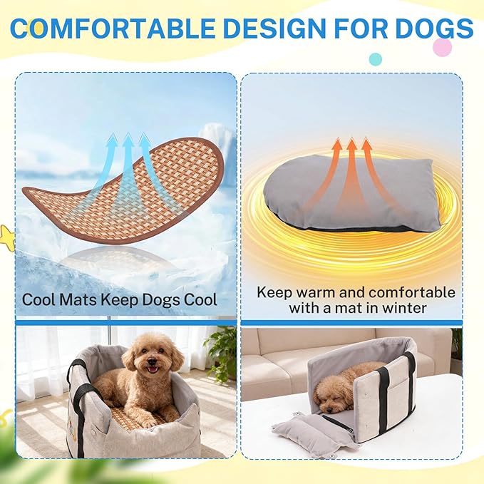 Cozy Center Console Dog Car Seat for Small Dogs - Portable Pet Car Seat with Safety Belt, Soft Cushion & Cooling Mat & Non-Slip Base, Perfect for Pets Under 11 lbs (Beige with Dachshund Pattern)