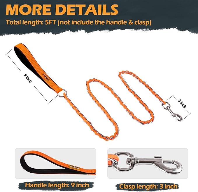 Dog Leash Chew Proof, Chain Leash Anti Chew Dog Leash for Large Dogs Heavy Duty, Indestructible Metal Leash Anti Bite Chain Link with Woven Cord Soft Padded Handle (Orange, 5FT)