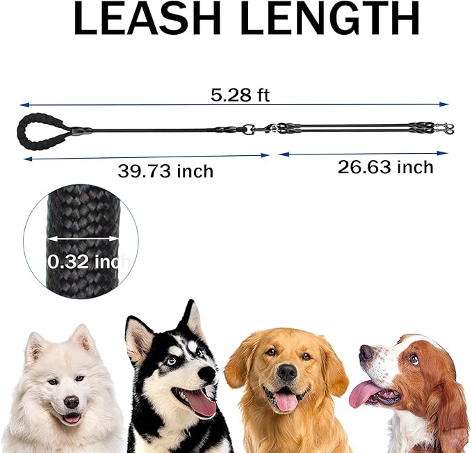 Heavy Duty 3 Dog Leash for Small Dogs No Tangle Detachable 360° Swivel Device with Padded Handle for Two/Three Pets
