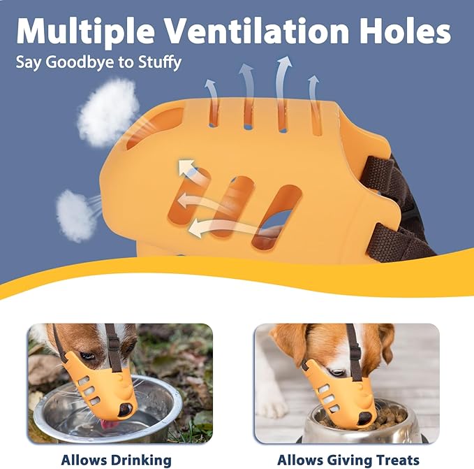 LUCKYPAW Dog Muzzle, Soft Muzzle for Small Medium Dogs Poodle Dachshund, Breathable Silicone Cage Mouth Cover to Prevent Biting and Chewing, Funny Rhino Muzzle with Adjustable Head Strap(Yellow, M)