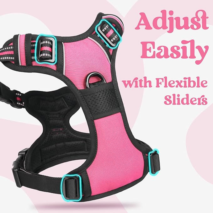rabbitgoo Dog Harness Medium Sized, No Pull Pet Harness with 3 Buckles, Adjustable Soft Padded Vest with Control Handle, Walking Reflective Pet Vest for Medium Dogs, Rose Pink, M