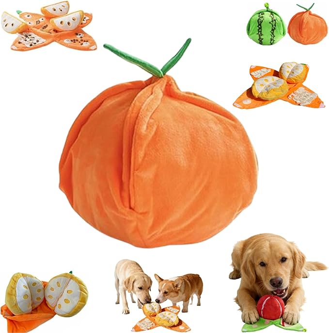 Orange Hide and Seek Plush Dog Toy, Squeakers and Crinkle Paper, Watermelon Puzzle Feeder for Small Medium Dogs, Boredom Relief & Training Aid (Orange)