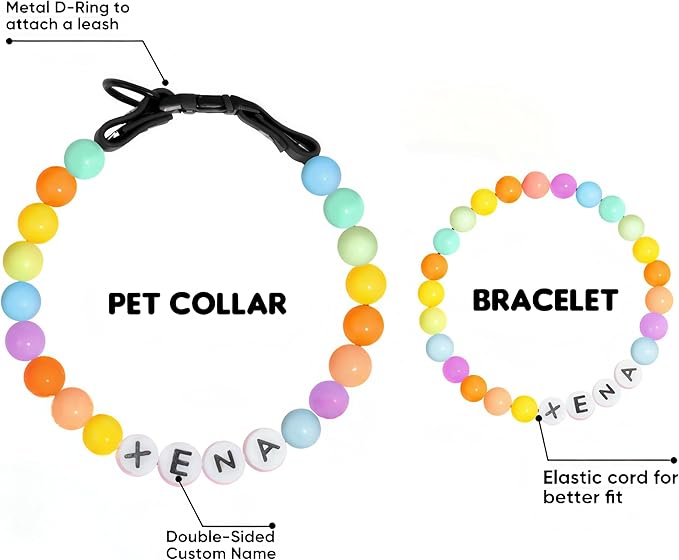 Personalized Beaded Dog Collar with Custom Name & Free Matching Bracelet - Adjustable Rainbow Pet Necklace Collar for Cats Dogs | Pet Lover Gift (#B)
