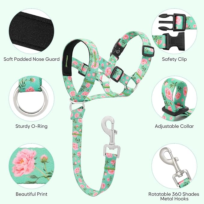 Dog Head Collar, Printed No-Pull Headcollar, Adjustable Dog Head Halter Gentle Lead with Safety Link, 3 Colors Muzzle Leash for Small Medium Large X-Large Dogs Easy Walks(XLarge, Peony)
