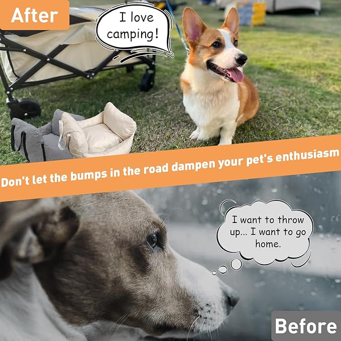 ETIAL Dog Car Seat for Small & Medium Dog, Non-Slip Dog Carriers with Storage Pockets and Dog Safety Leash, Portable Pet Travel Carrier Bed for Car, Truck, and SUV (Khaki,22.4"x21.7"x13.8")