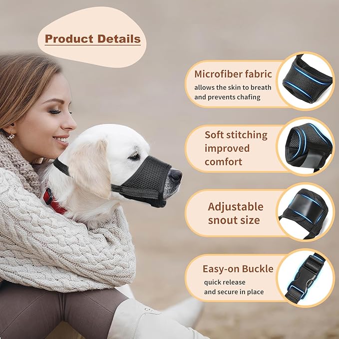 HEELE Dog Muzzle,Soft Nylon Muzzle Anti Biting Barking Chewing,Air Mesh Breathable Drinkable Adjustable Loop Pets Muzzle for Small Medium Large Dogs 4 Colors 4 Sizes (Light Black, M)