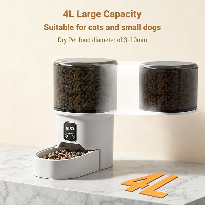 4L Automatic Pet Feeder for Cats & Small Dogs – Programmable Timed Food Dispenser – Portion Control for 1-6 Daily Meals – Dual Power – Stainless Steel Bowl – Dampness-Proof, Easy Clean