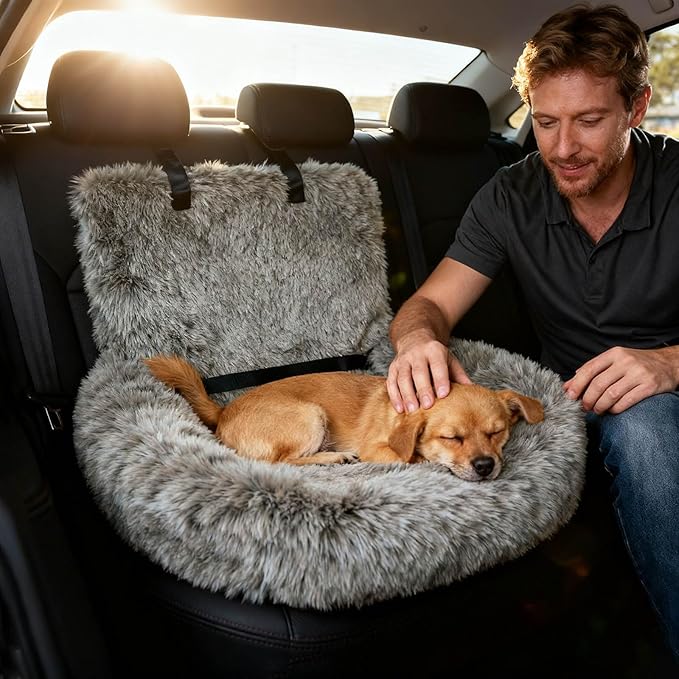Dog Car Seat Bed, Fluffy Pet Travel Seat, Removable Washable Cushion, Non-Slip Bottom, Protects Car from Dirt/Scratches, Suitable for Small, Medium Dogs/Cats & All Vehicles (Grey)