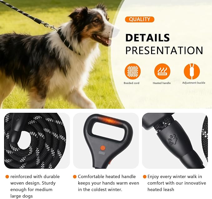 Rrechargeable Heated Dog Leash, Highly Reflective Threads Leash Rope with Rechargeable Hand Warmer for Medium Large Dogs, 1/2 inch - M
