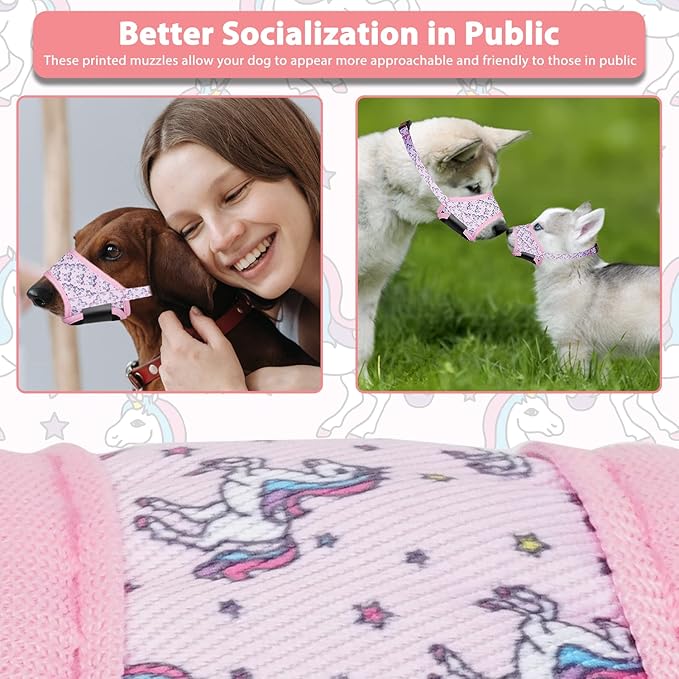 LUCKYPAW Dog Muzzle Anti Biting Barking and Chewing with Comfortable Mesh Soft Fabric and Adjustable Strap, Suitable for Small, Medium and Large Dogs(Pink Unicone,S)