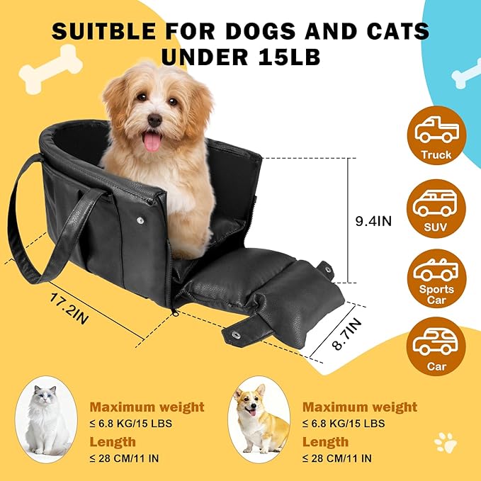Portable Small Dog Seat for Car, Luxury Leather Center Console Dog Car Seat Booster with Safety Tethers, Anti-Collapse Pet Travel Carseat for SUV, Truck