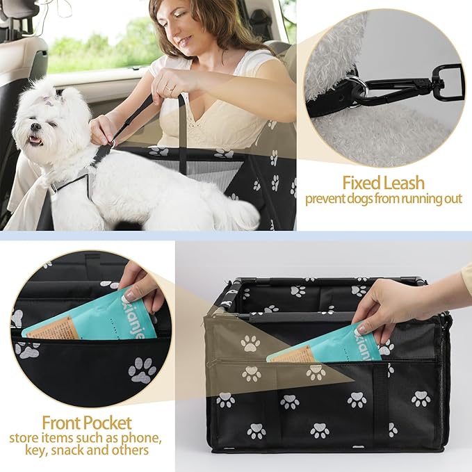 PetsHome Dog Car Seat Foldable Dog Car Booster Seat Waterproof Breathable Oxford Travel Bag for Small to Medium Dogs, Puppies, and Pets-Footprint Black-Upgrade