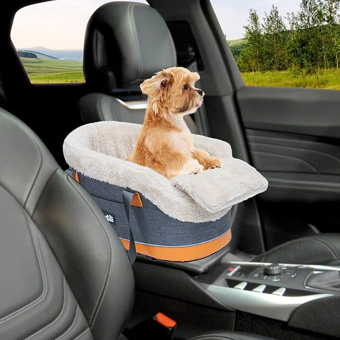 Linen & Velvet Console Dog Car Seat - Adjustable Elastic Straps & Anti-Motion Sickness (5kg Small Dogs, Front/Rear Seat Bed & Poop Bag Pockets)