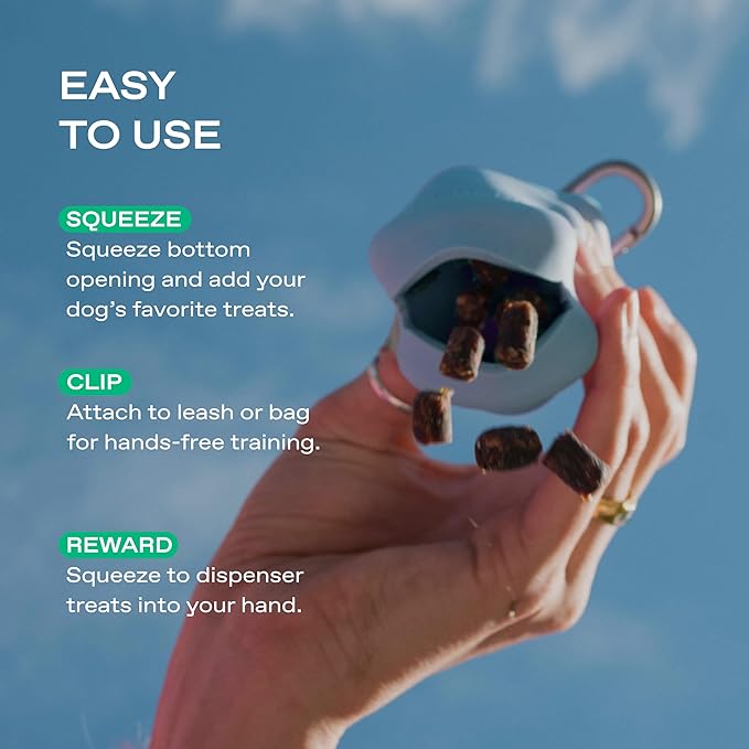 Springer Dog Treat Pouch for Effort-Free Squeeze Dispensing - Easy-Fill, Food-Grade Silicone Treat Pouches for Pet Training - Includes Carabiner-Sky Blue