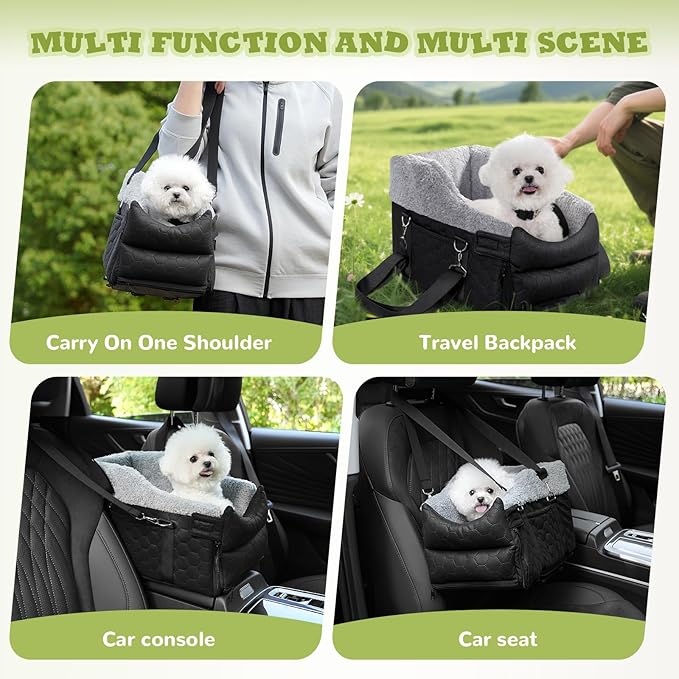 Center Console Dog Car Seat, Detachable Washable Dog Booster Seat, Adjustable Safety Belts and Built-in Leash Pet Carseat, Portable Puppy Travel Carrier with Cushion for Small Dogs Cat(Black)