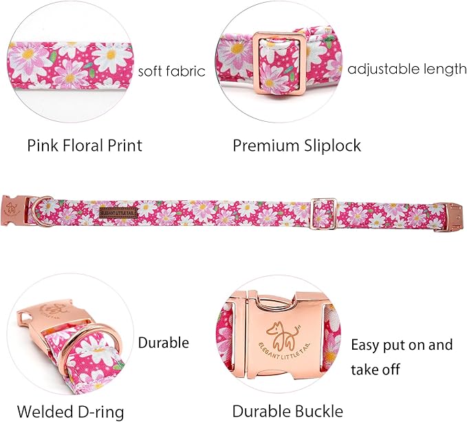 Elegant little tail Dog Collar, Pink Floral Pattern Pet Collar Durable Cute Dog Collars Summer Female Pet Gift Adjustable Dog Collar for Large Dogs