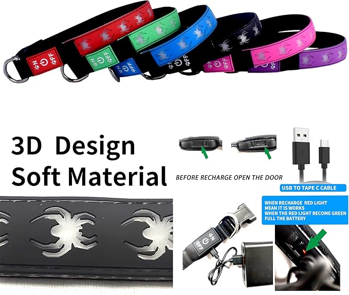 USB-C led Light up Dog Collar, 3D Design Comfortable and Soft Material,Multicolored Lighting，Night Dog Collar (SP-Blue, M(15.7-19.7"))