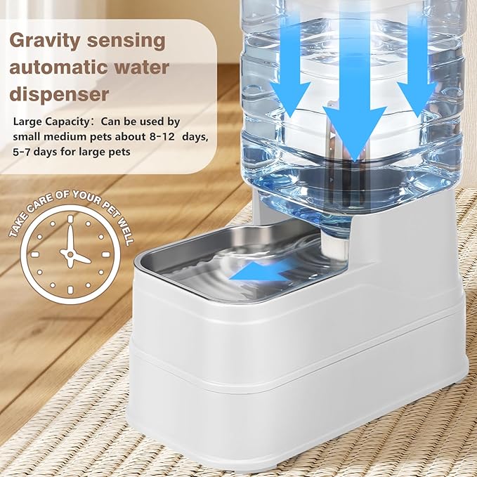 1.1 Gallon Pet Automatic Dog Water Dispenser Cat Gravity Waterer Feeder with Stainless Steel Bowl Large Capacity Puppy Feeding Raised Bowls with Filter,Ice Pack (White, 4L(1.1 Gallon))