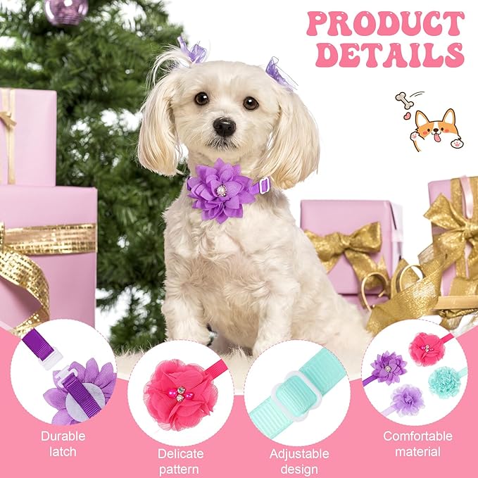 Reginary 100 Pcs Valentine's Day Dog Collar Flowers Bulk Flowers Pet Bows Floral Cat Accessory Adjustable Nylon Multicolor Pet Bowties Floral Collar for Small Pets(Classic Color)