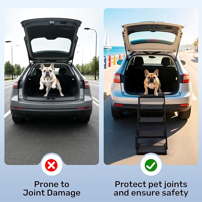 Dog Steps for Car, Truck and SUV - Foldable Pet Stairs for Large Dogs with Non-Slip Rug Surface, Lightweight Dog Ramp Holds Up to 250lbs, 5 Steps