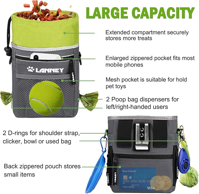 Dog Treat Pouch - 3 Ways to Wear Dog Treat Bag, Dog Training Treat Pouches for Pet Training with Clicker, Shoulder Strap, Adjustable Belt, Poop Bag Dispenser, Easily Carrying Kibble Snacks Pet Toys