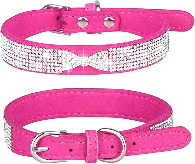Rhinestone Dog Collar, Cute Dazzling Sparkling Soft Suede Leather, Securely Attached Rhinestones, Extra Small, Hot Pink-2