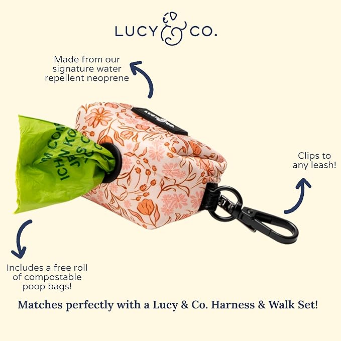 Lucy & Co. Dog Poop Bag Holder - Leak Proof Dispenser with Leash Attachment - Easy Refills - Hygienic Pet Poop Pickup - Peach Pink Floral Plaid