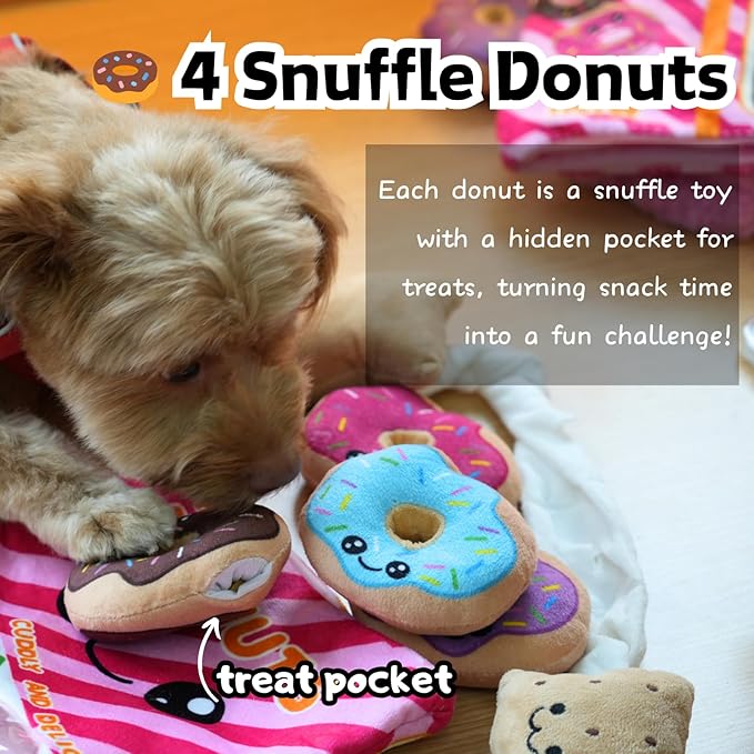 Donut Snuffle Toys, Squeaky Crinkle Interactive Dog Toys, Dog Enrichment Treat Puzzle for Boredom and Mental Stimulation, Puppies, Small and Medium Dogs (Plush Bag)