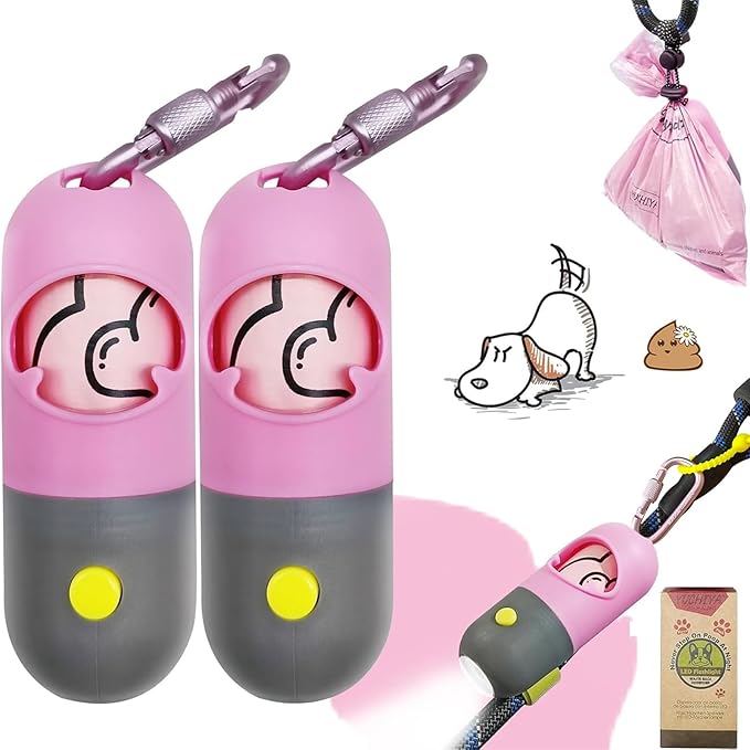 Dog Poop Waste Bags Holder with LED Flashlight|Cute Doggie Poo Bags Dispenser for Pet Leash|Trash Waste Bags Carrier with Potty Bags Clip Fastener LR44 Button Cells Included(2 Pack) (Pink)