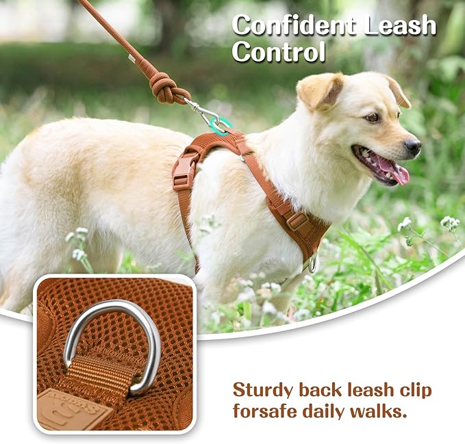 No Pull Dog Harness for Small Medium Large Dogs - Adjustable 2 Layer Mesh Dog Vest with Dual Clip, Escape Proof, Quick Release, Lightweight Breathable Mesh for Walking Hiking (Carmel Brown,L)