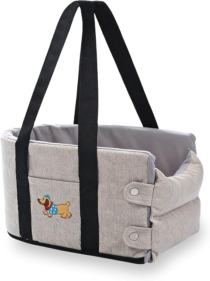 FurryGo Small Dog Car Seat for Travel, Elevated Pet Booster Seat with Safety Tether, Soft Washable Dog Bed for Under 20 lbs, Portable Cat Carrier for SUV/Truck, Grey (Khaki)