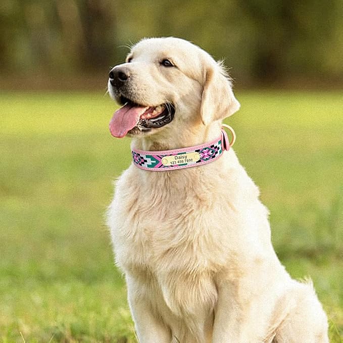 Exotic Custom Dog Collars PU Leather Personalized Pet Name ID Collar Padded Ethnic Collars Adjustable for Small Medium Large Dog Pink XL