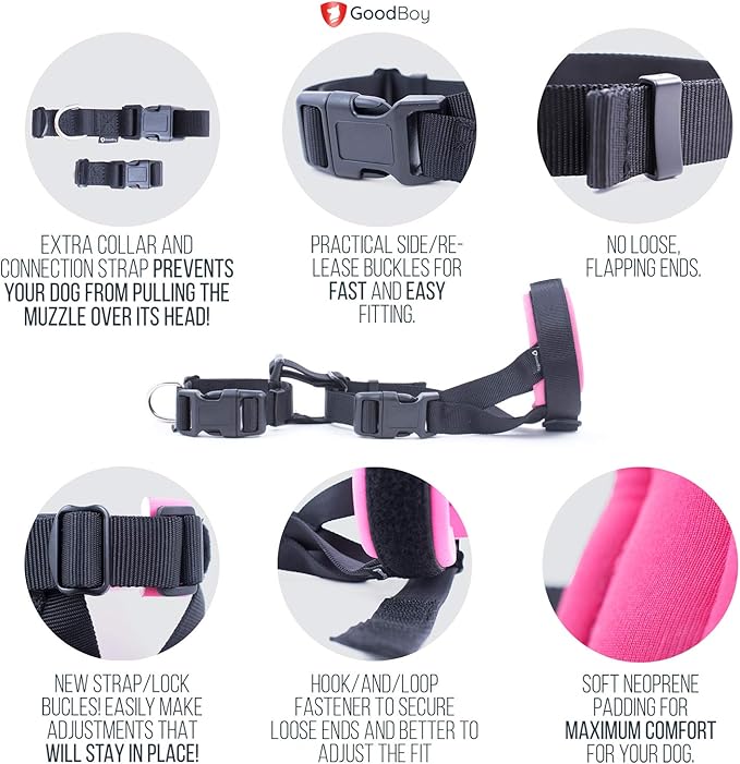 Gentle Muzzle Guard for Dogs - Prevents Biting and Unwanted Chewing Safely Secure Comfort Fit - Soft Neoprene Padding – No More Chafing – Training Guide Helps Build Bonds with Pet (S, Pink)