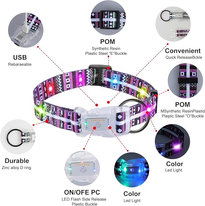 Light Up Dog Collars,LED Dog Collar Rechargeable Waterproof,2-in-1 Buckle Type Glow Dog Collar for Small to Large Dogs,XL(Bohemian Purple)