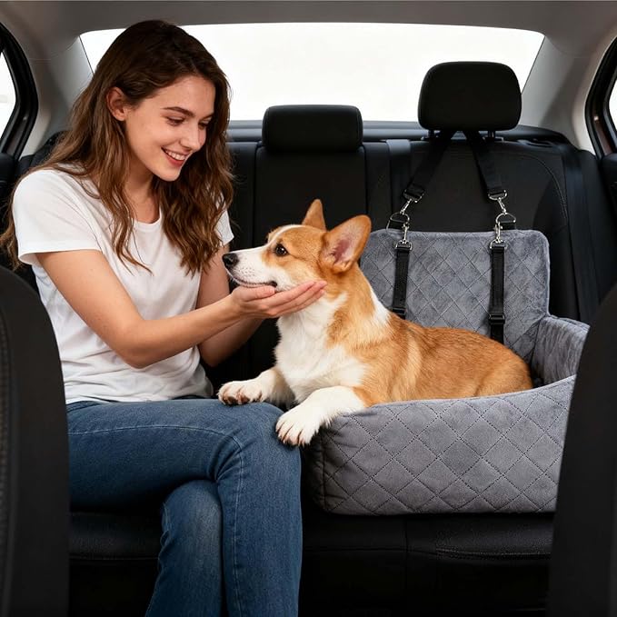 Dog Car Seats for Small Dogs, Memory Foam Dog Car Seat Medium Sized Dogs, Pet Cars Seats for Under 35lbs, Detachable Washable Pet Bag with Storage Pockets & 2 Safety Belts, Easy to Install (Grey)
